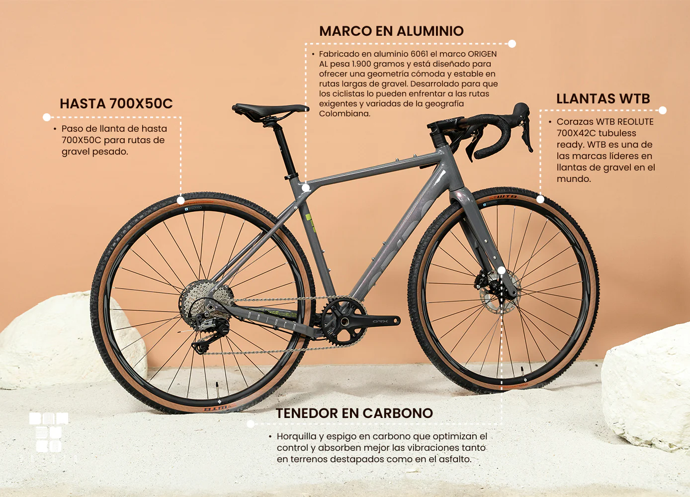 Bicicleta de gravel ORIGEN AL en aluminio con tenedor en carbono y grupo LTWOO GRT de 1x12 velocidades - Image 5